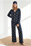 Women's Duck Navy Blue Buttoned Long Sleeve 100% Cotton Pajama Set Pjm-00000030 - 3