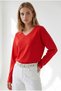 Women's Red Wide V-Neck Flowy Basic Blouse Blz-19003470 - 4