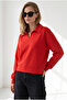 Women's Red Polo Collar Draped Crop Sweatshirt Swt-19000805