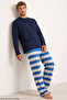 Navy Blue Saks Line Patterned Cotton Knitted Pajama Set 8093 - 2