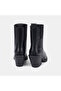 Women's Black Elastic Pointed Toe Heeled Leather Boots - 5