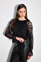 Lace Blouse with Ruffle Collar - Black - 5