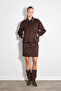 Zippered Leather Collared Suede Jacket - Brown - 2