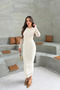 Women's Cream Floral Patterned Lace Long Sleeve Cycling Evening Dress Midi Length Dress