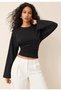Women's Black Drawstring Detailed Long Sleeve Cotton Crop Blouse with Crew Neck - 4