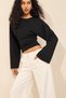 Women's Black Drawstring Detailed Long Sleeve Cotton Crop Blouse with Crew Neck - 7
