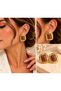Women's Gold Color Brown Stone Detailed Geometric Square Earrings – Vintage Stylish Design - 2