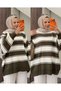 Women's Striped Oversize Knitwear Tunic, Crew Neck Balloon Sleeve Loose Wide Comfortable Fit Sweater
