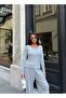 Women's Gray Crew Neck Blouse with Elastic Cuffs and Pants Two-Piece Set - 3