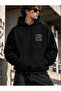 Street Style Mix Printed Hooded Oversized Black Sweatshirt with Pockets - 3