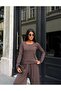 Women's Brown Crew Neck Blouse and Elastic Cuffed Pants Two-Piece Set - 3