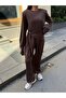 Women's Brown Waist Tie Detailed Crew Neck Blouse and Trousers Two-Piece Set - 6