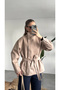 Women's Cream Belted Suede Coat with Stand Collar and Buttons