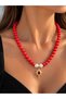 Women's Handmade Natural Coral Stone and Pearl Necklace with Steel North Star Pendant Special Design - 5