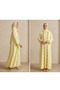 3 In 1 Pastel Yellow Floral Embroidered Pleated Open Abaya With Scarf For Women - 4