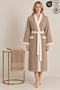 2 Piece Women's Kimono Robe Set 100% Cotton Certified Striped Contrast Women's Robe Set - Beige