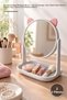 2 Pieces Round Desktop Makeup Mirror – Cat Ear Design, Single-Sided Glass Mirror, with Plastic Stand, Decorative Makeup Mirror Desktop Mirror