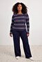 Navy Blue Cotton Blend Cut Out Detailed Knitwear Plus Size Bottom - Top Set - 2