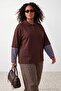 Brown Polo Neck Sleeves Striped Oversized Sweatshirt Tbbaw26Ao00053 - 9