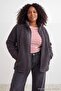 Gray Plush Regular Woven Garnished Zippered Thick Knitted Oversize Cardigan/Sweatshirt Tbbaw27Ao00004 - 3