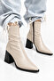 Pointed Toe Thick Heel Side Zipper Beige Heeled Stretch Boots - 8