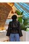 High Collar Belted Faux Leather Jacket Black - 2