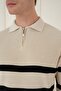 Slim Fit Striped Zippered Polo Neck Beige Knitwear Sweater Tr 877 - 5