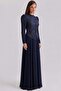 Stone Embellished Tulle Chiffon Combination Exclusive Hijab Evening Dress Dark Blue 1113-Y - 4