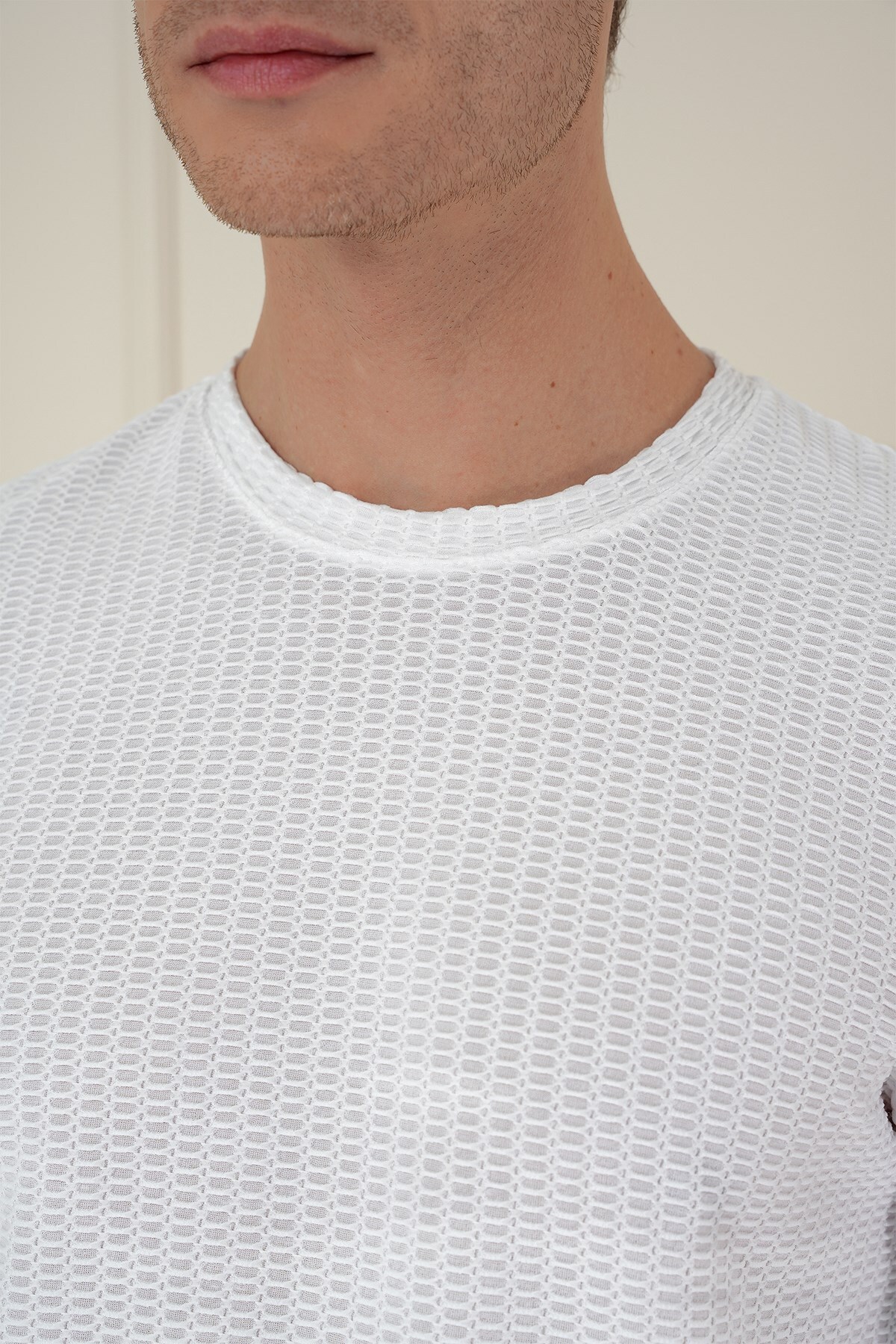 Slim Fit Cotton Honeycomb Woven Long Sleeve Polo Collar White T-Shirt Ts 891 - 5