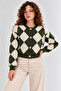 Women's Green-Cream Diamond Patterned Buttoned Knitwear Cardigan