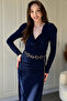 Shoulder Pad Piece Long Sleeve Degaje Collar Midi Navy Blue Dress with Detachable Gold Belt - 5