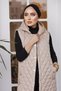Women's Beige Hooded Long Puffer Vest with Slit Detail - 4