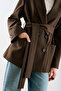 Belted Double-Breasted Pocketed Blazer Jacket Dark Brown - 4