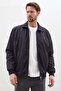 Metal Emblem Zippered Polo Collar Coat with Elastic Sleeves