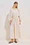Draped Waist Adjustable Balloon Sleeve Dress Beige