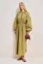 Striped Balloon Sleeve Long Dress Khaki