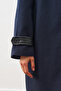 Leather Detail Coat with Embroidered Detailing, Navy Blue - 7
