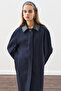 Leather Detail Coat with Embroidered Detailing, Navy Blue - 2