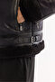 Men's Black Fur Collar Leather Look Napa Comfort Fit Coat A52Y6060 - 6
