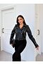 Black Slim Fit Women's Jacket with Sleeve Zipper Detail - 3