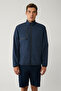 Men's Navy Blue Stand Collar Mesh Lined Zippered Water Repellent Comfort Fit Coat A41Y6012 - 3