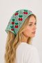 Green Knitted Textured Triangle Cut Red Cherry Patterned Hand Knitted Bandana with Tie Detail