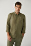 Men's Khaki Buttoned Collar 100% Linen Embroidered Comfort Fit Shirt A41Y2232