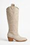 Embroidered Zipper Detailed Western Long Women's Cowboy Boots Beige - 4