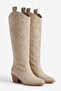Embroidered Zipper Detailed Western Long Women's Cowboy Boots Beige - 2