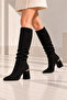 Women's Black Suede Below-Knee Boots, 7 cm Thick Heeled, Drawstring Detailed, Stylish Daily Boots - 6