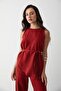 Women's Red Linen Crew Neck Vest and Belted Trousers Set - 3