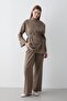 Women's Khaki Stand Collar Belted Tunic & Button Detailed Elastic Waist Pants Top & Bottom Set - 4