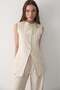 Women's Beige Judge Collar Striped Vest & Trousers Suit with Pockets - 4