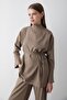 Women's Khaki Stand Collar Belted Tunic & Button Detailed Elastic Waist Pants Top & Bottom Set - 6